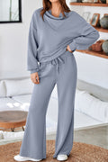 Solid color cowl neck drawstring pullover and wide-leg athleisure pants set by Dear-Lover, casual two-piece outfit for comfort and style.