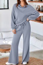 Solid color cowl neck drawstring pullover and wide-leg athleisure pants set by Dear-Lover, casual two-piece outfit for comfort and style.