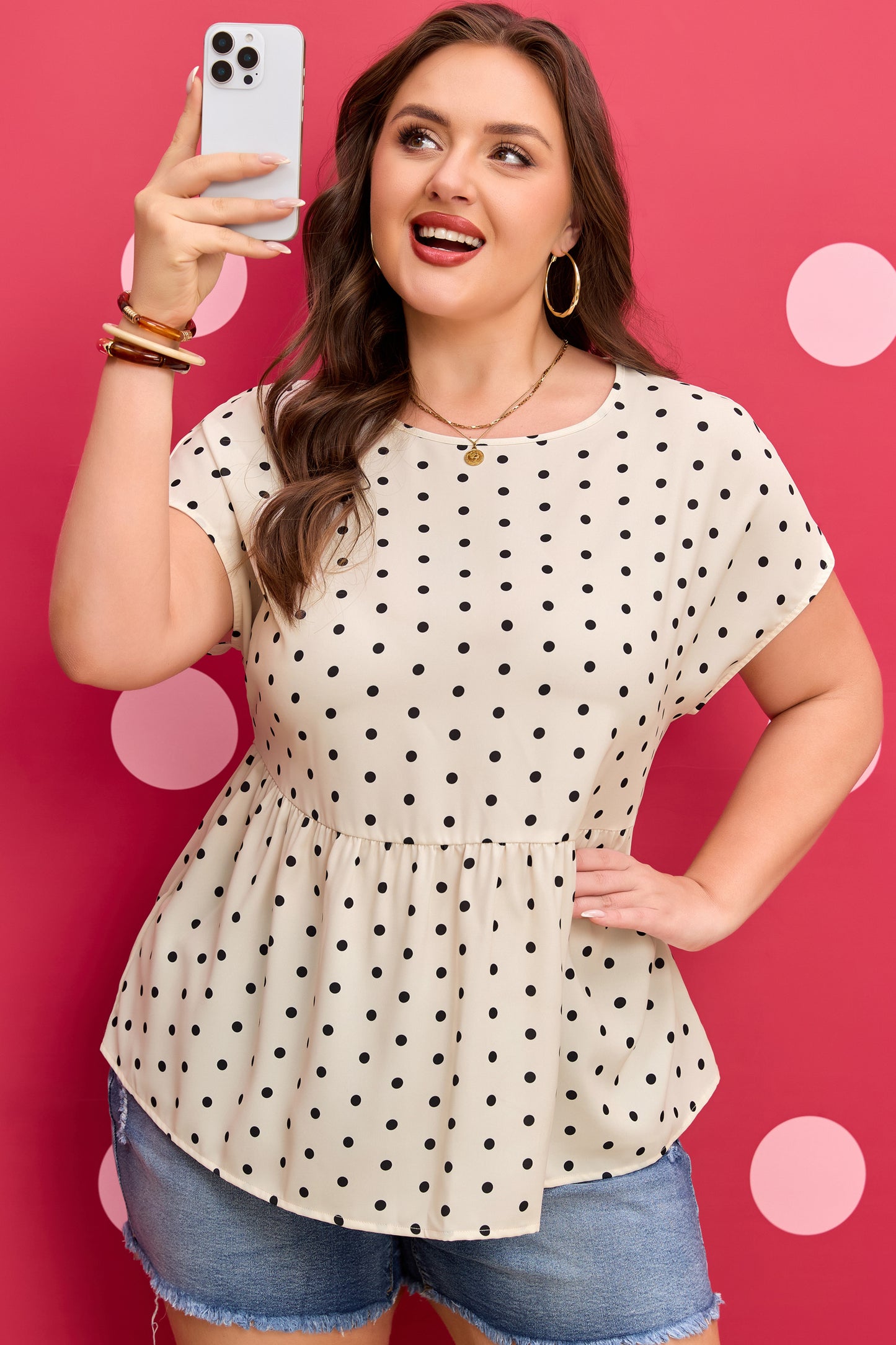 Apricot Plus Size Polka Dot Print Button Detail Short Sleeve Babydoll Blouse