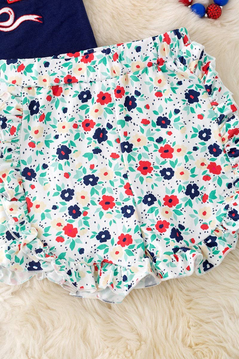 USA Floral applique navy blue top & floral bottoms. OFG50581 AMY
