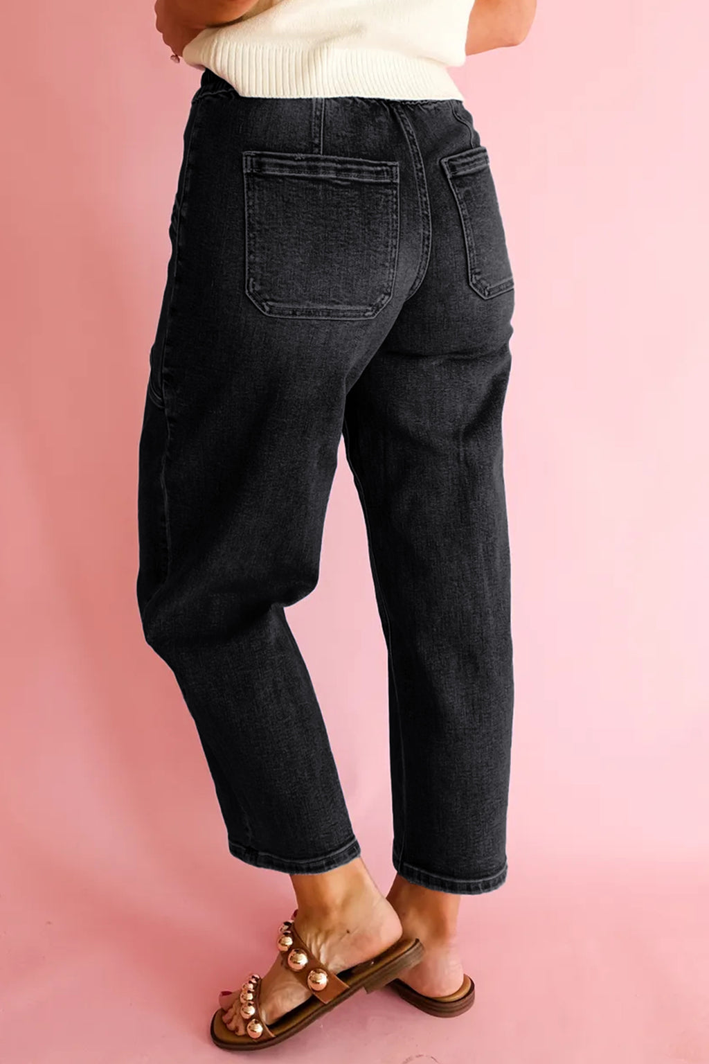 Black denim ankle-length casual jeans with drawstring waist, regular fit, and pocket details by Dear-Lover.