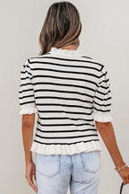 Beige Stripe Ruffle Trim Button Down Knit Short Sleeve Sweater Cardigan