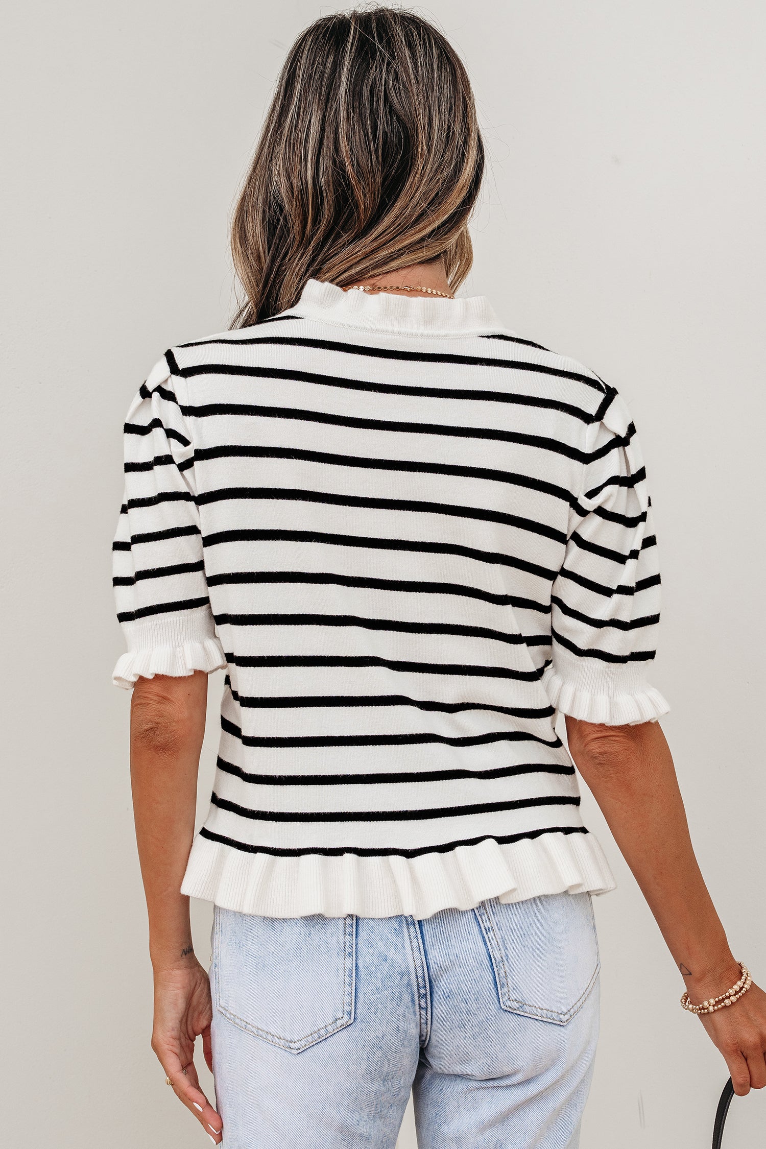 Beige Stripe Ruffle Trim Button Down Knit Short Sleeve Sweater Cardigan