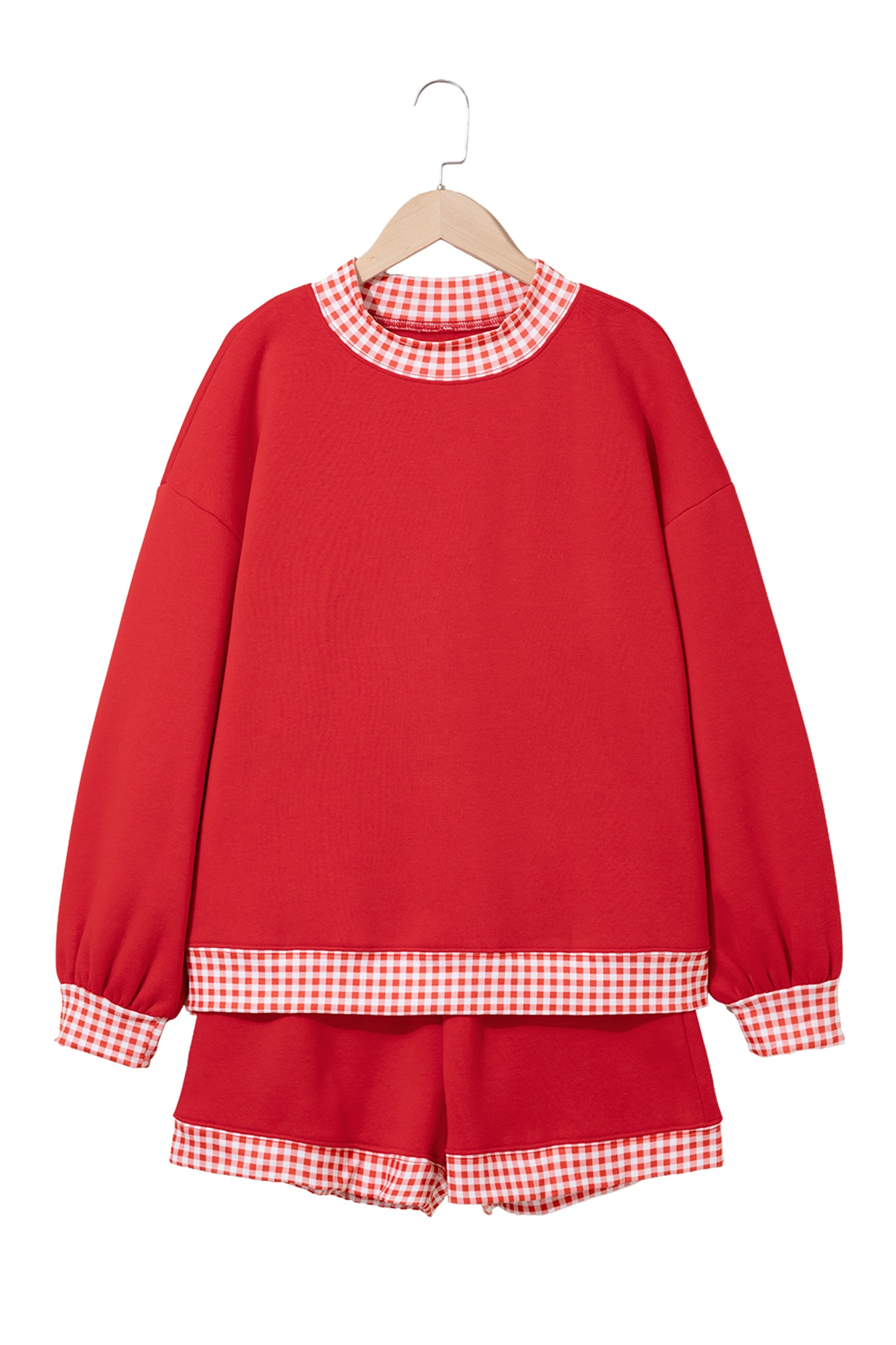 Fiery Red Gingham Trim Baggy Pullover 2pcs Short Set