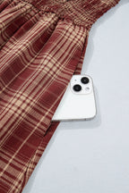 Red Vintage Plaid Knot Front Smocked High Waist Midi Dress