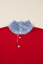 Racing Red Striped Collar Patchwork Satin Bow Sweatshirt and Shorts Set