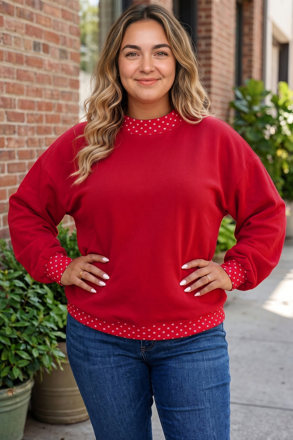 Polka Dot Patchwork Round Neck Plus Size Sweatshirt