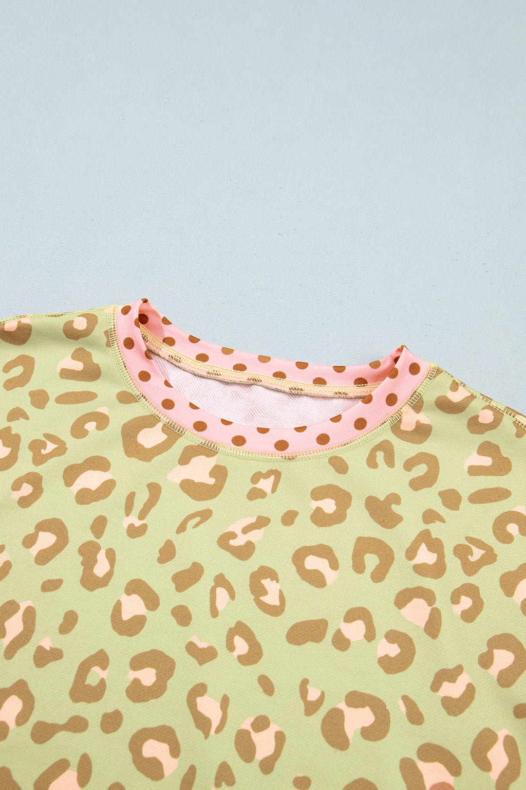 Pink Leopard Polka Dot Colorblock Trim Long Sleeve Top
