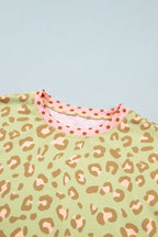 Pink Leopard Polka Dot Colorblock Trim Long Sleeve Top