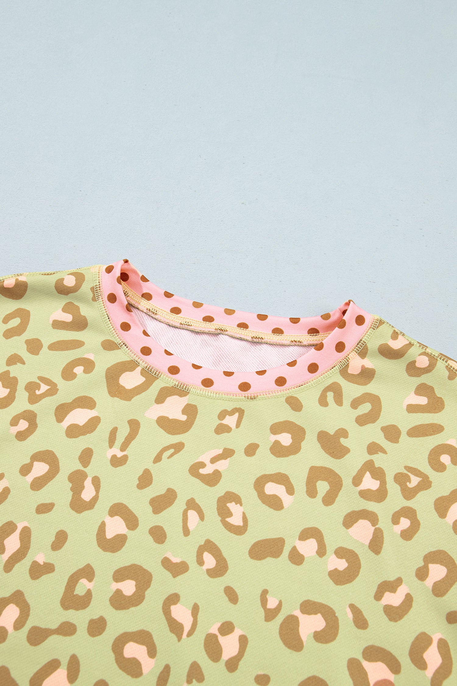 Pink Leopard Polka Dot Colorblock Trim Long Sleeve Top