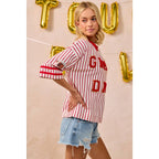 GAMEDAY THEME STRIPE KNIT TOP WITH SLEEVE PATCHED