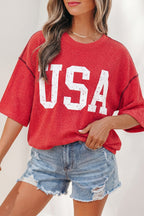 Fiery Red USA Graphic Half Sleeve Loose Ribbed Top