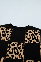 Black Leopard Checkerboard Short Sleeve Knit Sweater
