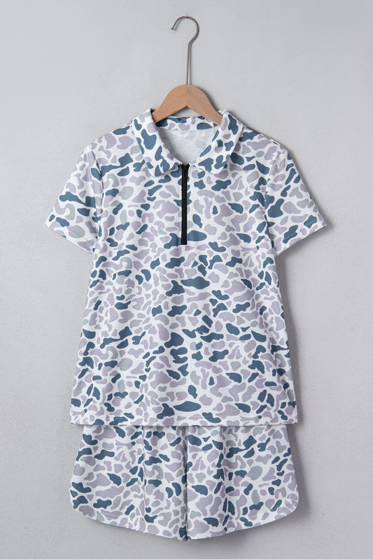 Abstract Patterned Polo Collar T Shirt and Shorts Set