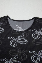 Black Round Neck Bow Print Long Sleeve Mesh Top