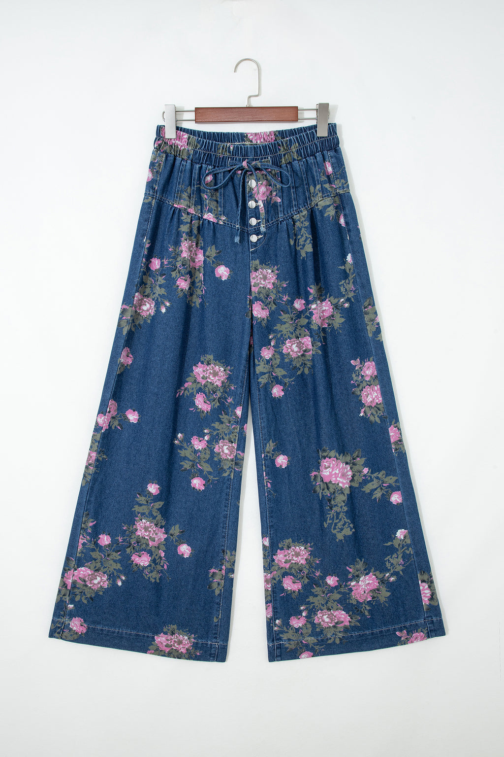 Blue Retro Floral Print Tie Elastic Waist Button Pintuck Wide Leg Jeans