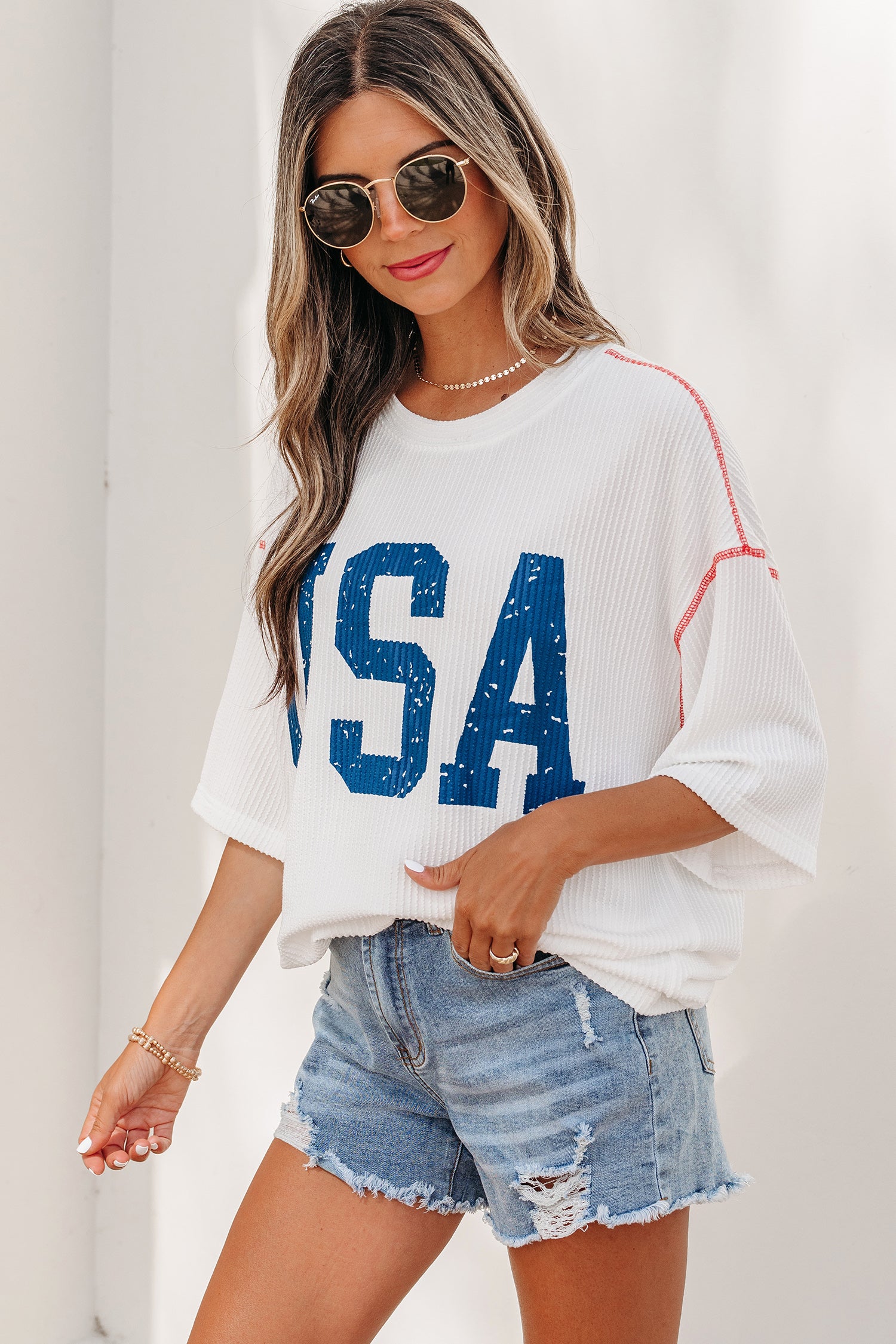 Fiery Red USA Graphic Half Sleeve Loose Ribbed Top