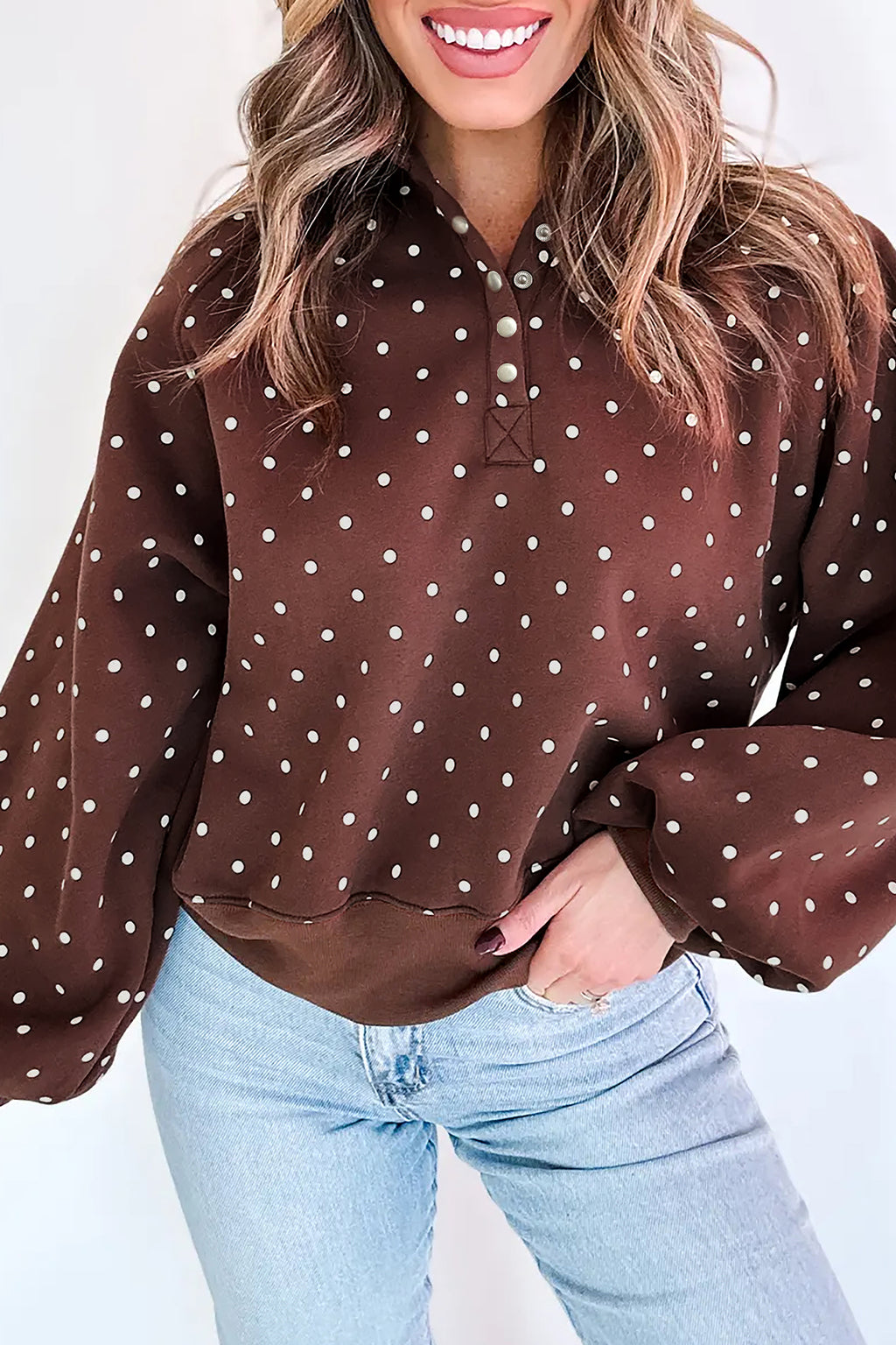 Brown Polka Dot Print Metal Button Collar Casual Pullover Sweatshirt