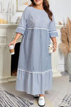 Sky Blue Stripe Crisscross Lace Detail Mixed Striped Patchwork Plus Size Shift Long Dress