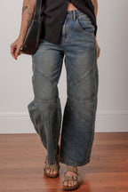 Sail Blue Exposed Stitching Loose Straight High Waist Barrel Jeans