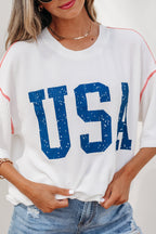 Fiery Red USA Graphic Half Sleeve Loose Ribbed Top