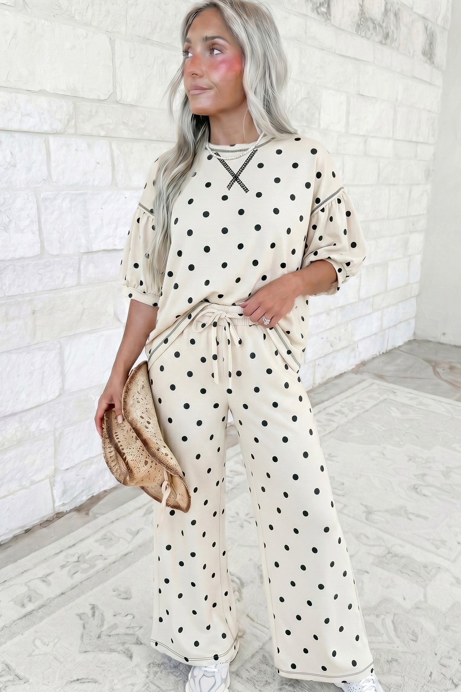 Black Polka Dot Half Sleeve Loose Top Elastic Waist Casual Pants Set