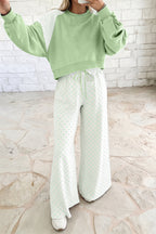 Polka dot and colorblock patchwork long sleeve two-piece pants set by Dear-Lover, casual stylish outfit for women.