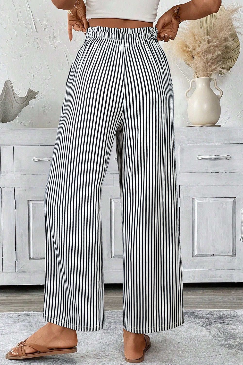 Black Stripe Tied High Waist Loose Straight Casual Pants