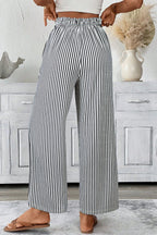 Black Stripe Tied High Waist Loose Straight Casual Pants