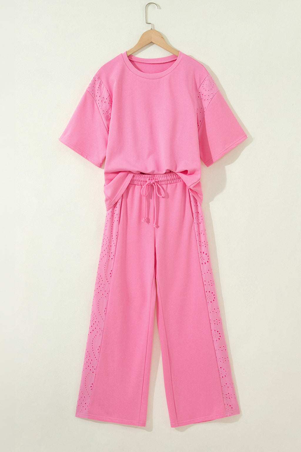 Lace Patchwork Half Sleeve Top Elastic Waist Pants Two Piece Set