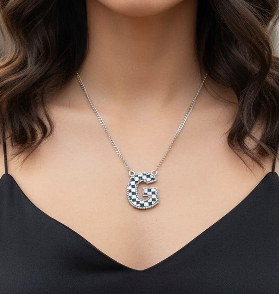 Checkered Initial Necklace - Black and White