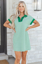 Red Stripe Quarter Zip Polo Collar T Shirt Dress with Pockets