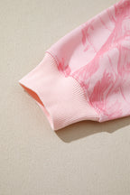 Pink Abstract Print Ribbed Crewneck Long Sleeve Top Elastic Waist Short Set