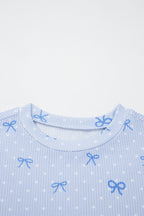 Sky Blue  Bow Print Twisted Rib Loose Long Sleeve Top 2pcs Short Set