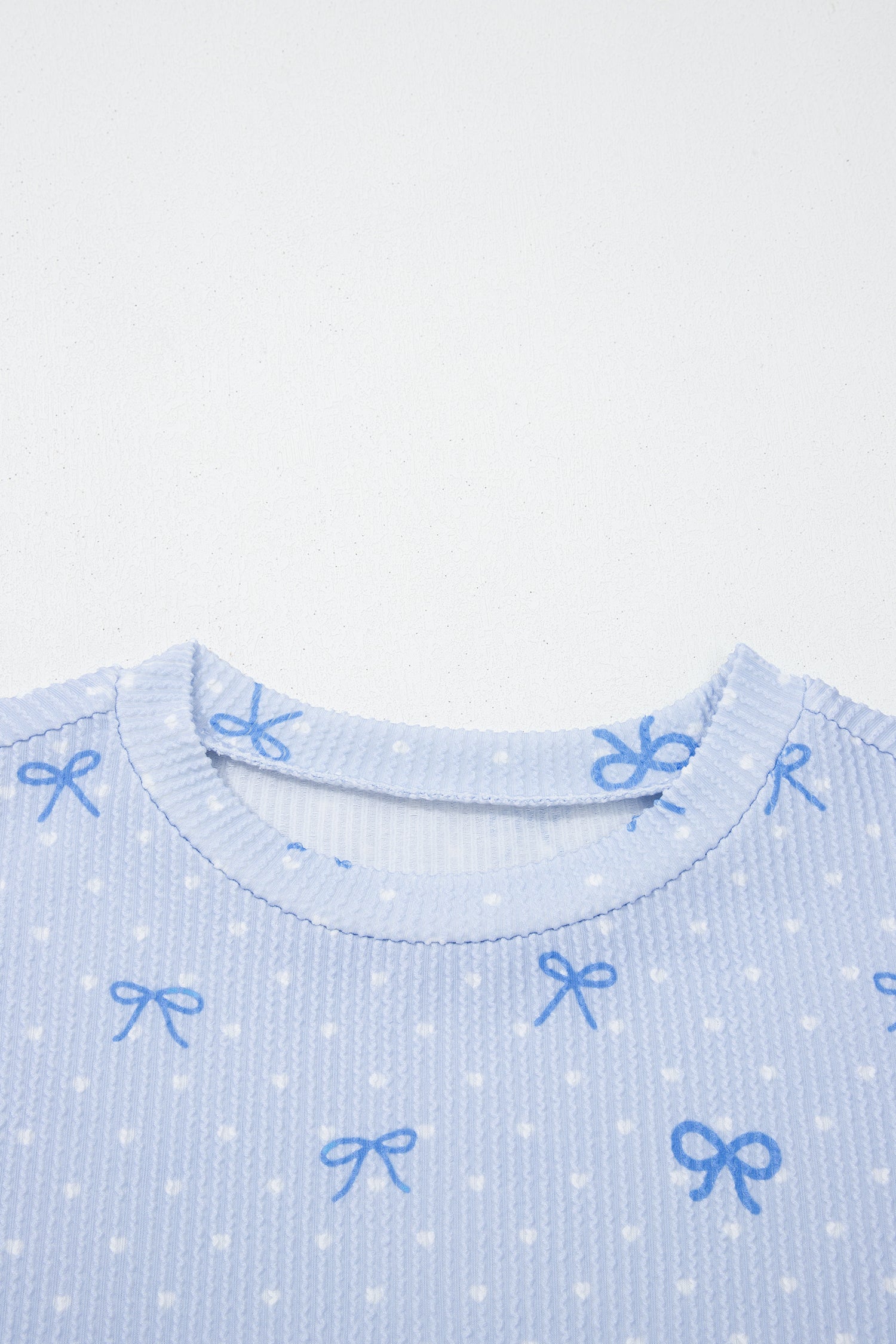 Sky Blue  Bow Print Twisted Rib Loose Long Sleeve Top 2pcs Short Set