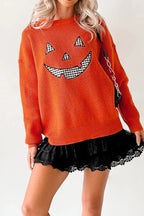 Orange Drop Shoulder Long Sleeve Round Neck Halloween Sweater