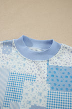 Sky Blue Patchwork Floral Print Drop Shoulder Baggy Pullover Drawstring Shorts Set