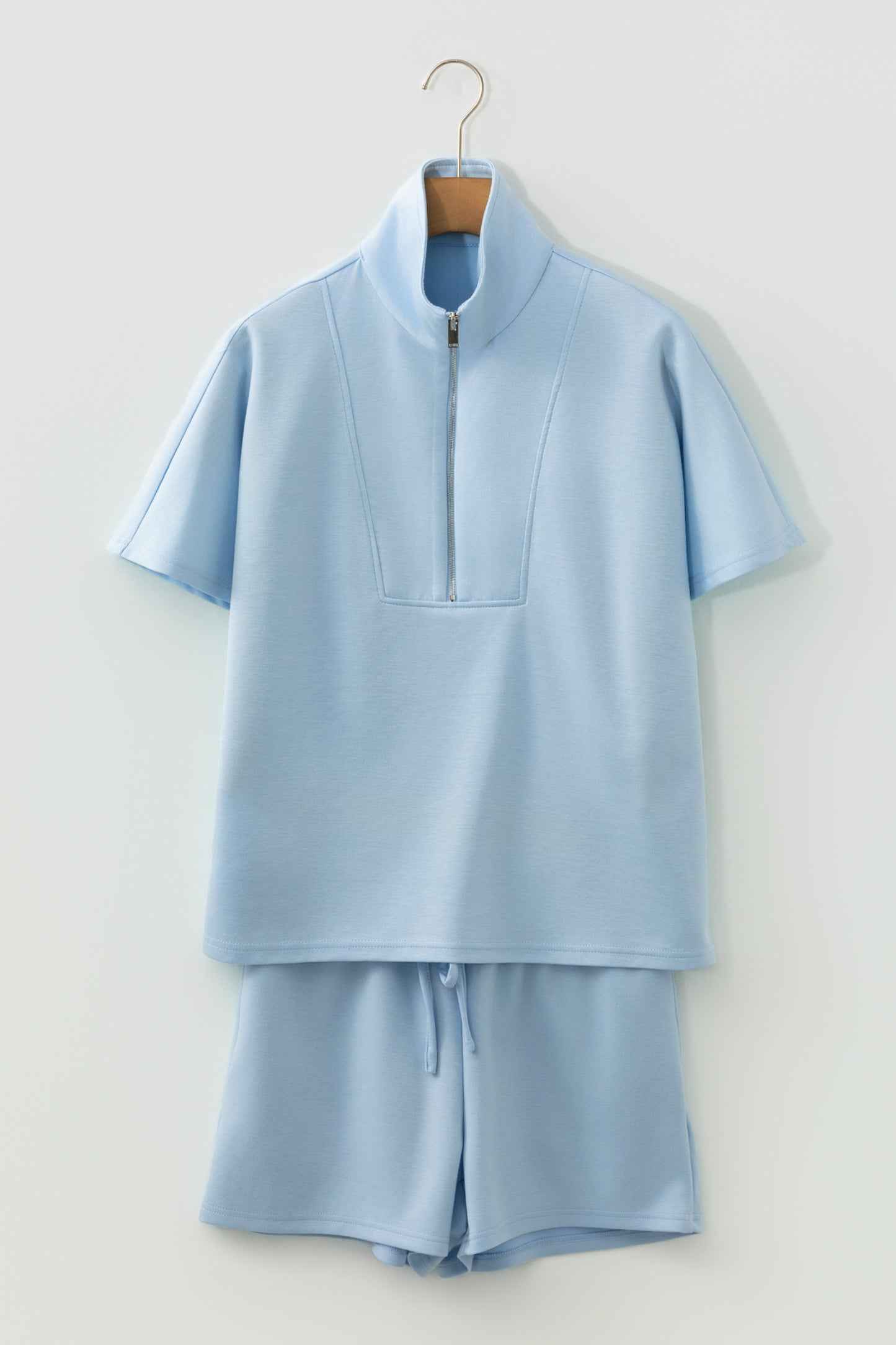 Solid Color Half Zip Loose Short Sleeve Sweatshirt 2pcs Set