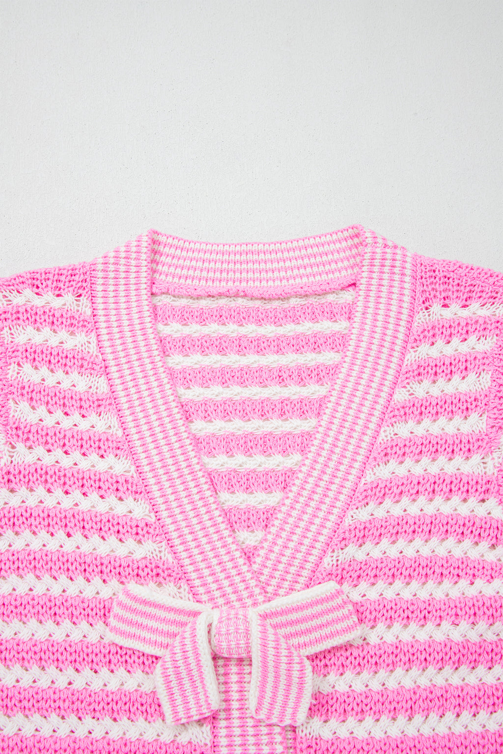Black Stripe Short Sleeve Knit V Neck Bow Knot Sweater