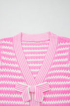 Black Stripe Short Sleeve Knit V Neck Bow Knot Sweater