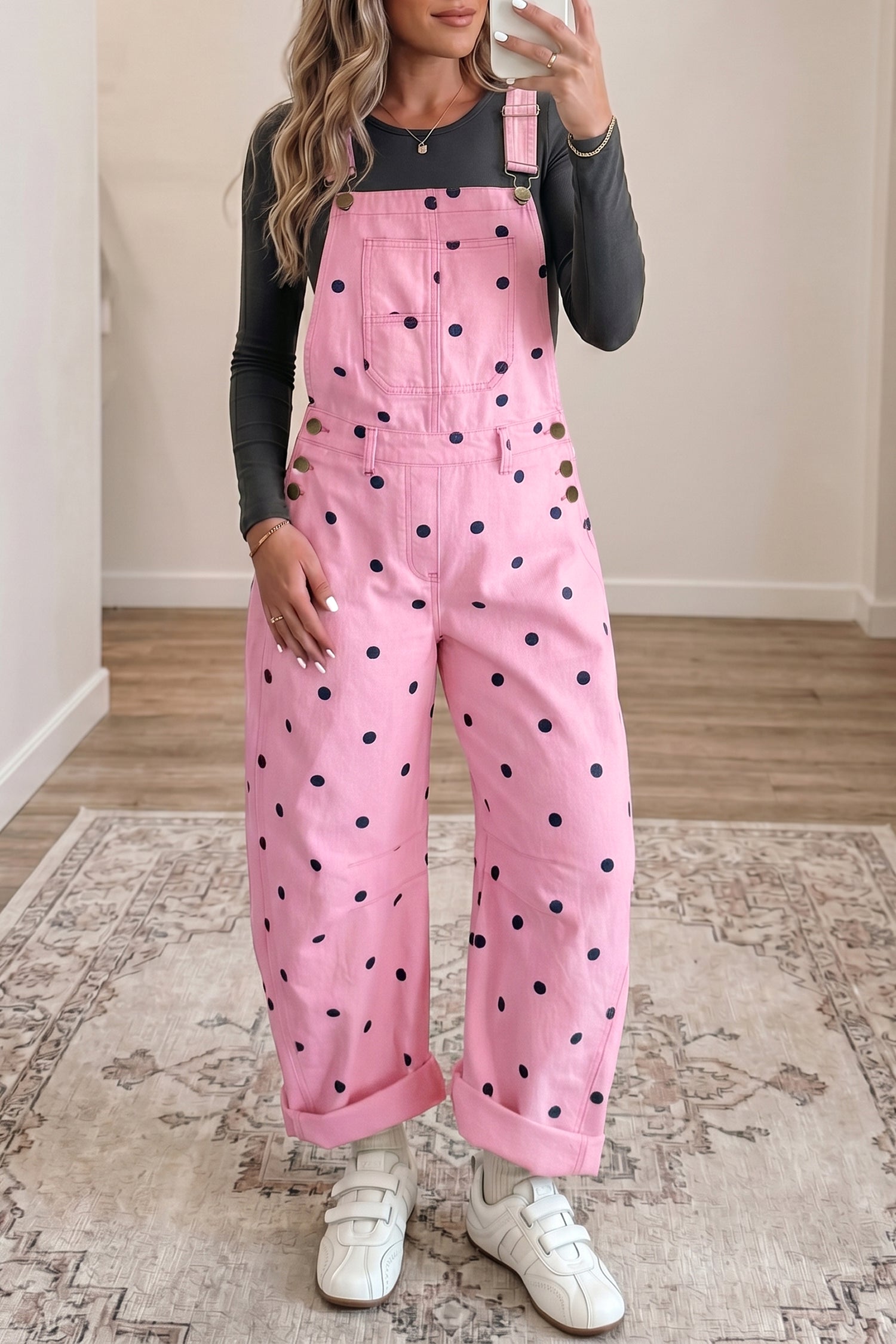 Polka Dot Print Bib Pocket Denim Barrel Overalls Jumpsuit