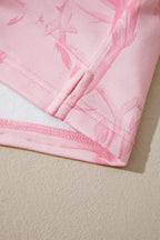 Pink Abstract Print Ribbed Crewneck Long Sleeve Top Elastic Waist Short Set