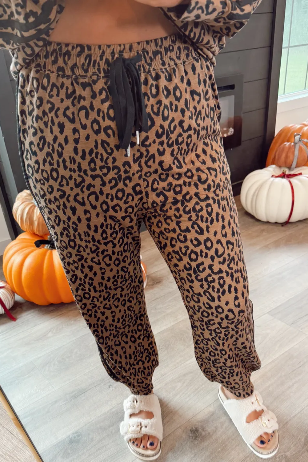 Brown Varsity Striped Trim Leopard Long Sleeve Top Drawstring Pant Set