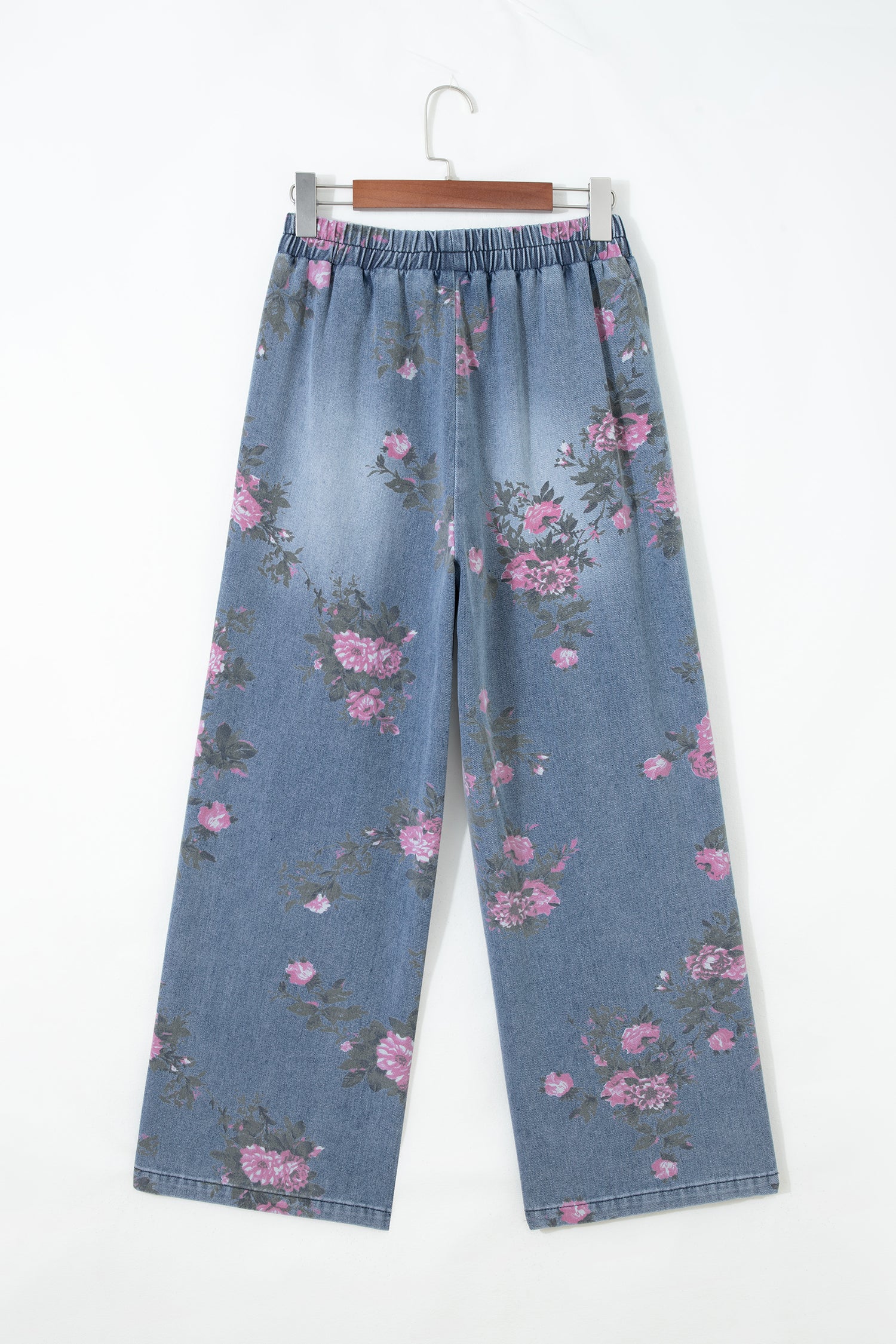 Beau Blue Floral Print Elastic Waist Pull On Casual Jeans