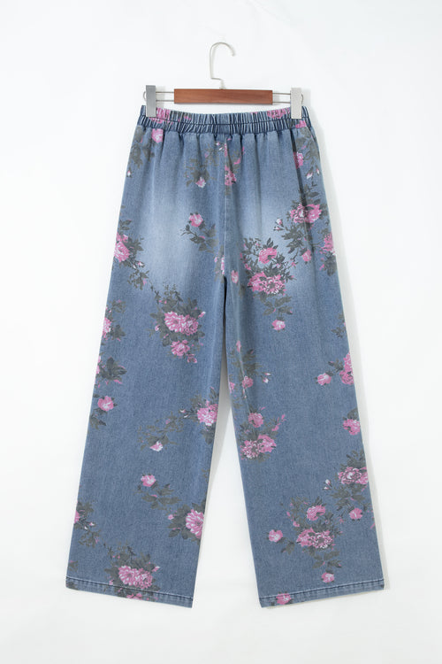 Beau Blue Floral Print Elastic Waist Pull On Casual Jeans