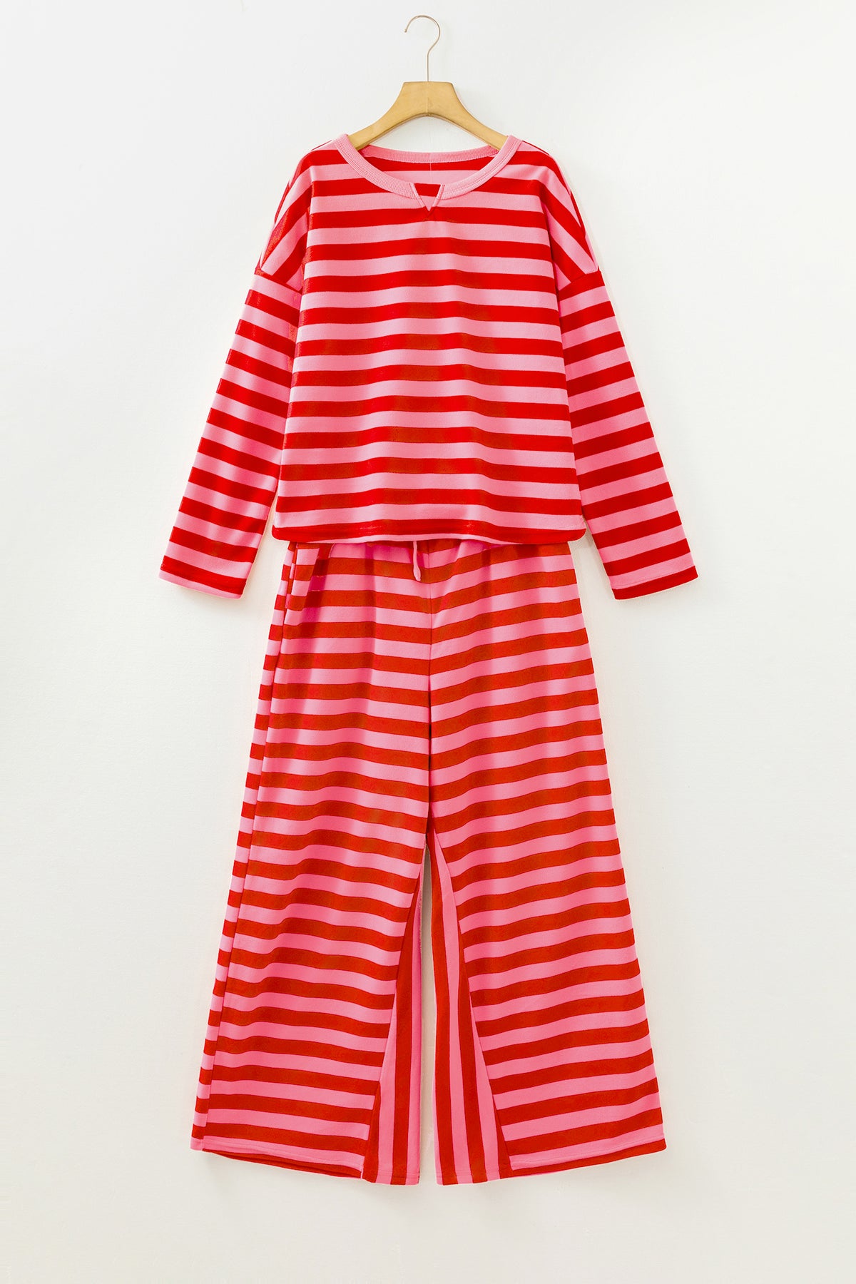 Red Stripe Two-Piece Drop Shoulder Pullover and Loose Pants Set by Dear-Lover, casual loungewear with relaxed fit and bold stripe design.