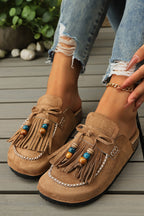 Color black Boho Bow Fringed Faux Suede Slip-on Loafers Square Toe Casual Slippers