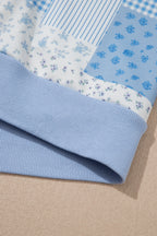 Sky Blue Patchwork Floral Print Stand Neck Long Sleeve Two-piece Outfit Plus Size Set