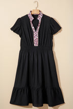 Black Leopard V Neck Patchwork Smocked Waist Plus Size Ruffled Dress