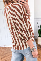 Brown Stripe V Neck Half Sleeve Casual Blouse
